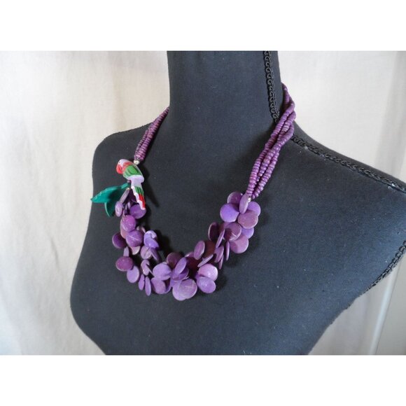 Parrot Necklace Purple Layered Beaded Necklace Featuring Parrot - Picture 3 of 7